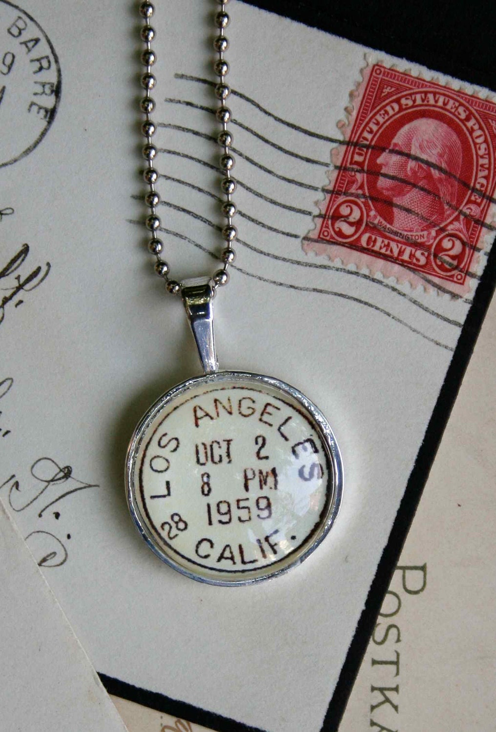 Los Angeles Vintage Postmark Necklace - Silver Necklace - Vintage Postage Los Angeles