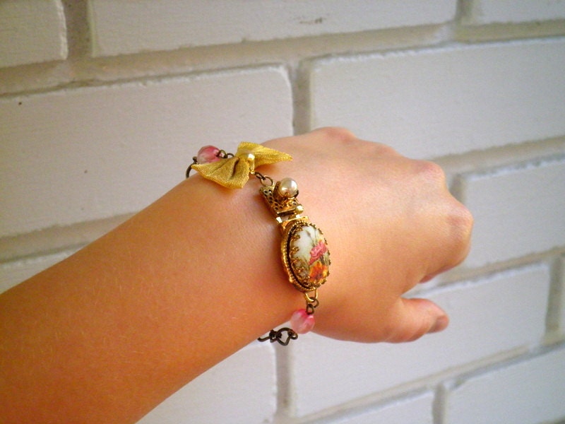 Pink Flower Arm Candy - Repurposed Vintage Cabochon Clasp Gold Mesh Bow and Glass Bead Chain Bracelet