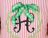 Merry Red and White Stripe Monogram Pillow