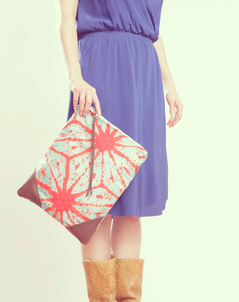 TIE DYE CLUTCH. Oversized Clutch. Foldover Clutch. Valentines Purse.  Red Clutch. Teal Blue Clutch.