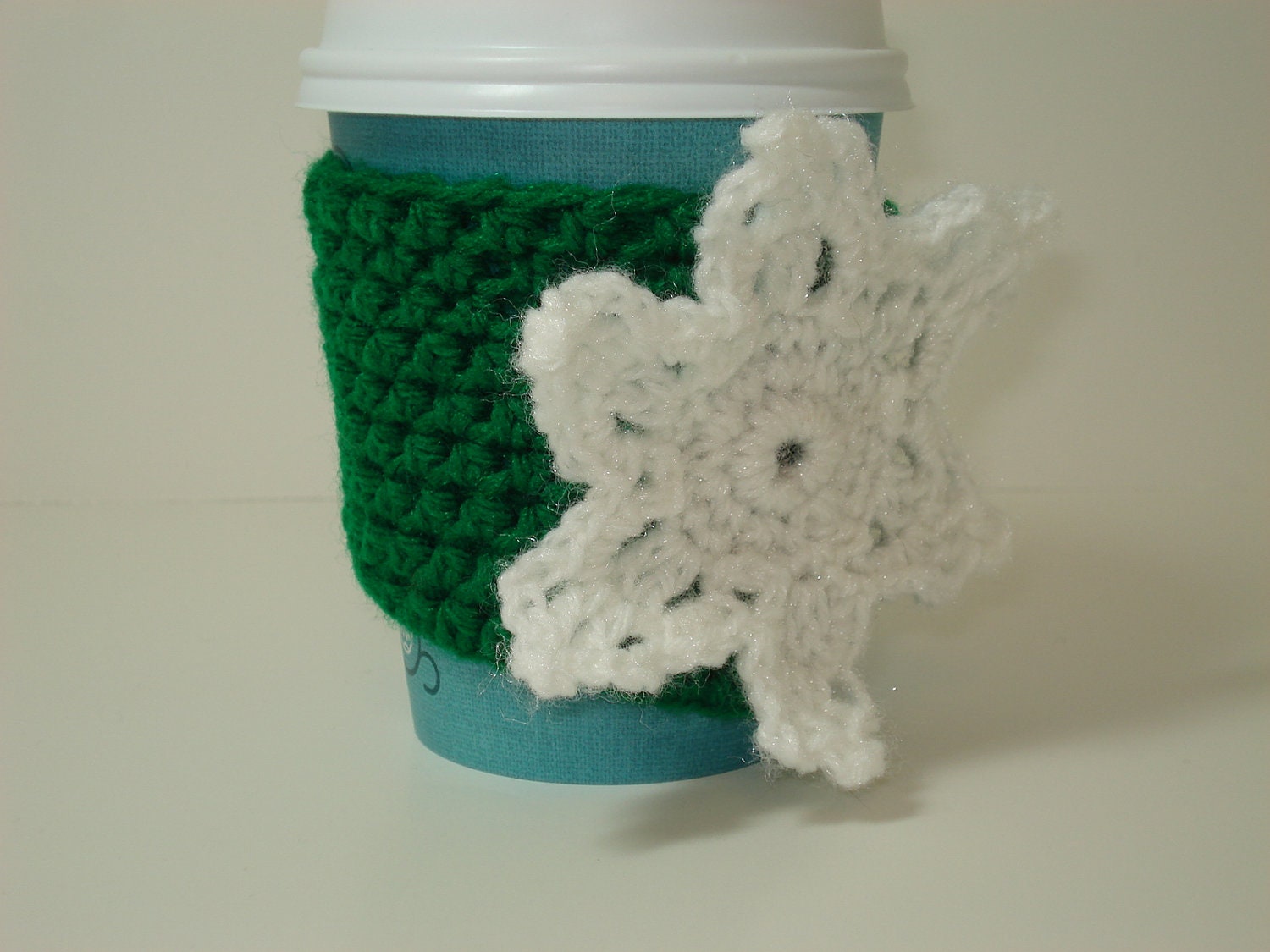 Cup Cozy for Take-Out Cup, Green with White Flower - Buy 2 Get 1 Free