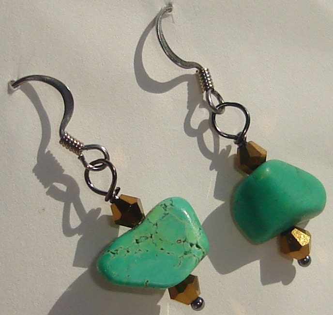 gorgeous green turquoise stones with bronze crystal beads hand made wire wrapped pierced dangle earrings