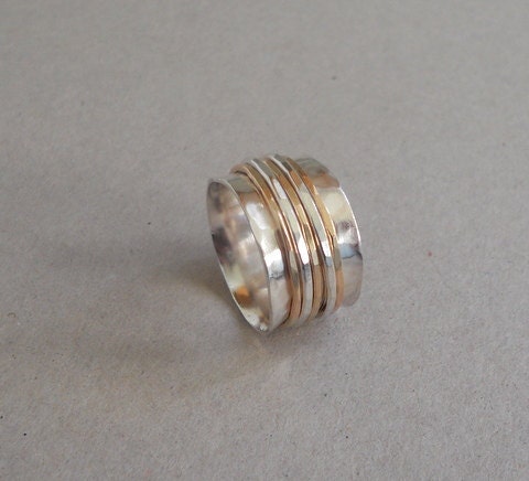Sterling and Gold Spinner Ring- Fiddle Ring Silver and Gold