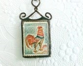 Vintage Stamp Necklace, Rooster Stamp Necklace, Soldered Stamp Pendant, Stamp Jewelry, Vintage Stamp Pendant, Quirky Eclectic Jewelry