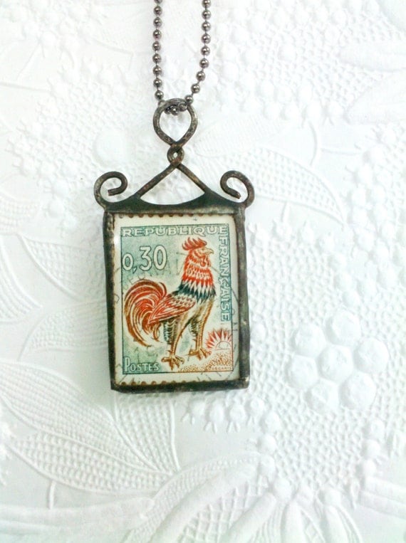 Vintage Stamp Necklace, Rooster Stamp Necklace, Soldered Stamp Pendant, Stamp Jewelry, Vintage Stamp Pendant, Quirky Eclectic Jewelry