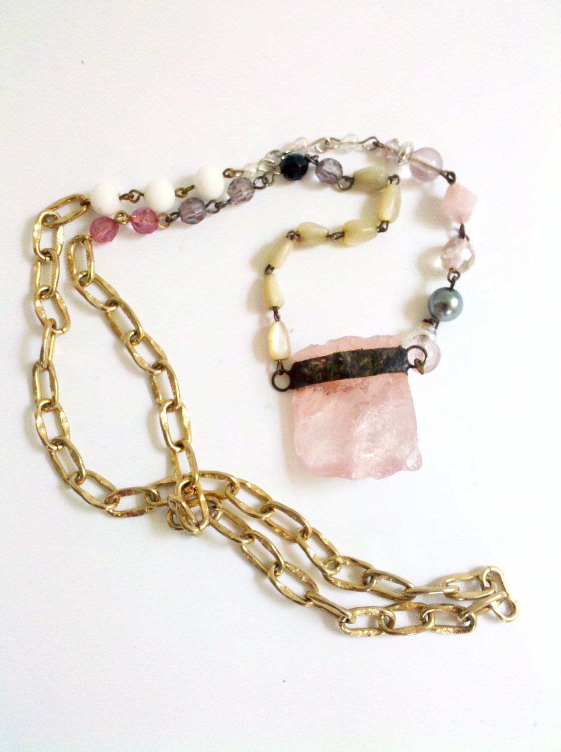 Pink Rose Quartz Necklace, Soldered Pink Crystal, Vintage Bead Chain Necklace, Gypsy Style Assemblage, Bohemian Necklace