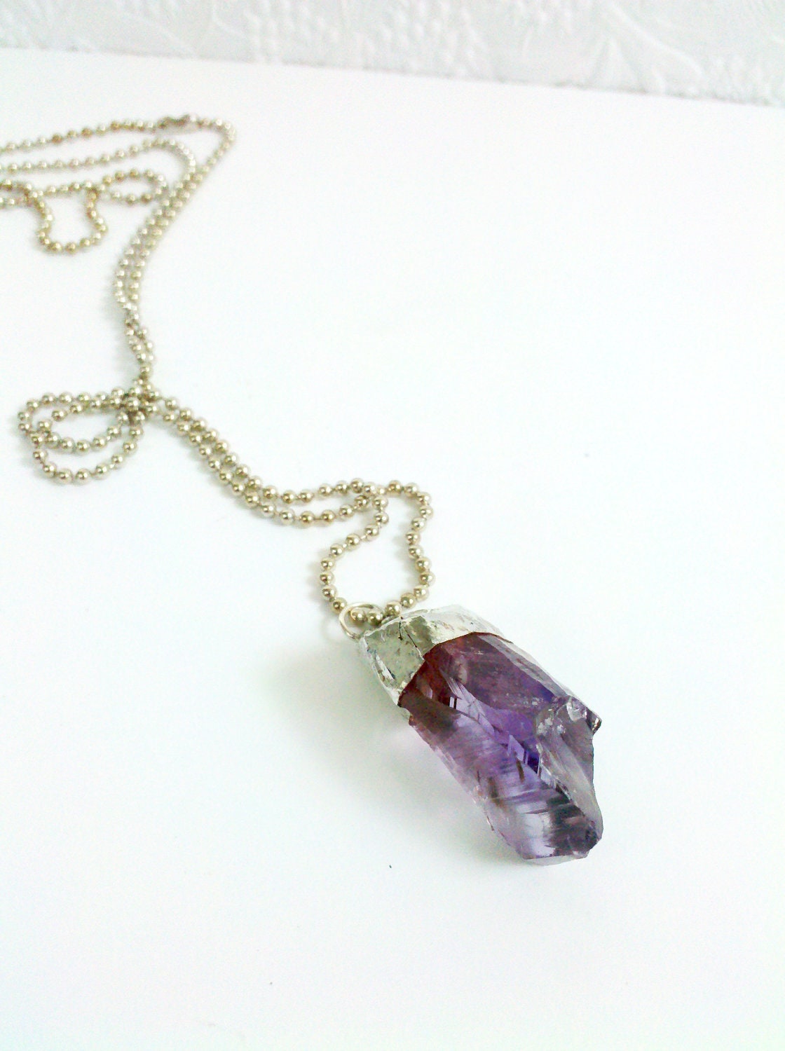 Amethyst Purple Crystal Necklace, Soldered Crystal Pendulum, New Age Gypsy Style Necklace, Spiritual Necklace, Rough Cut Amethyst Stone