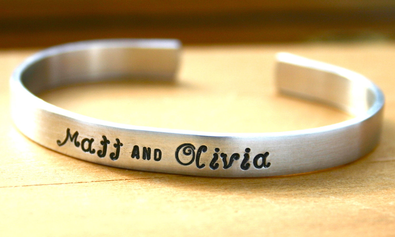 Groom and Bride hand stamped cuff bracelet with date and message inside