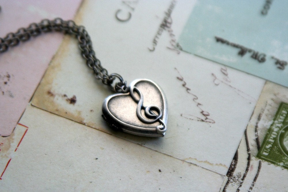 G Clef music note. heart locket necklace. silver ox
