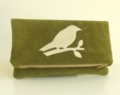 Corduroy Foldover Clutch - Bird Applique - Olive Green - Envelope Purse - Vegan