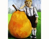 Little BOY & PEAR  fantasy children print from original original oil painting