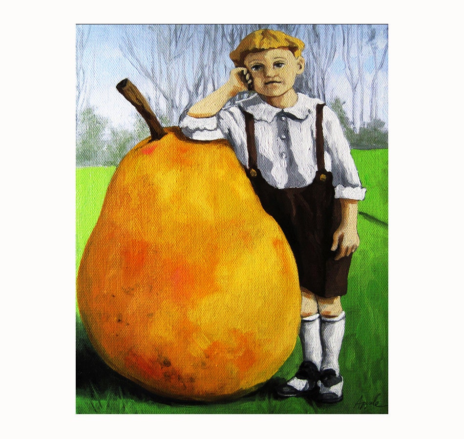Little BOY & PEAR  fantasy children print from original original oil painting