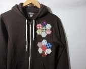 Womens Unisex Brown Hoodie in Small with Hexagon Floral Patchwork Applique // by Nicoles Threads