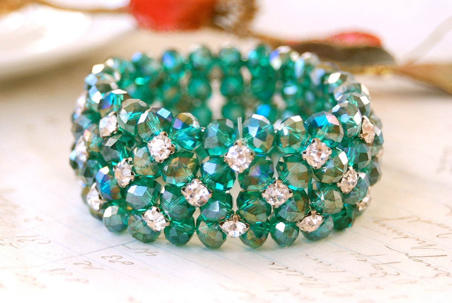 Hunter Green. aurora borealis clear rhinestone stretch bracelet. Tiedupmemories