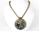 Steampunk Jewelry Necklace Vintage 2 Tone Gold Silver Etched Pocket Watch Blue Button Wedding Mothers Day - Steampunk Jewelry by edmdesigns