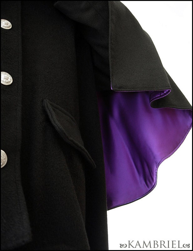 Caligari - Vintage Atrocities Prototype Design - Heavy Black Camel Hair Great Coat with Purple Silk lined Capelet