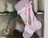 Christmas Stocking - French Provencal Ruffle Lace Pink Polka Dots Large