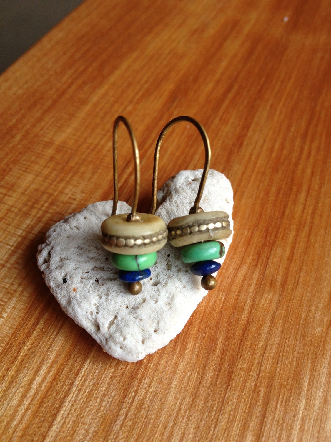 Tibetan Mala Bead Earrings with Lapis Lazuli, Green Turquoise and Beaded Brass