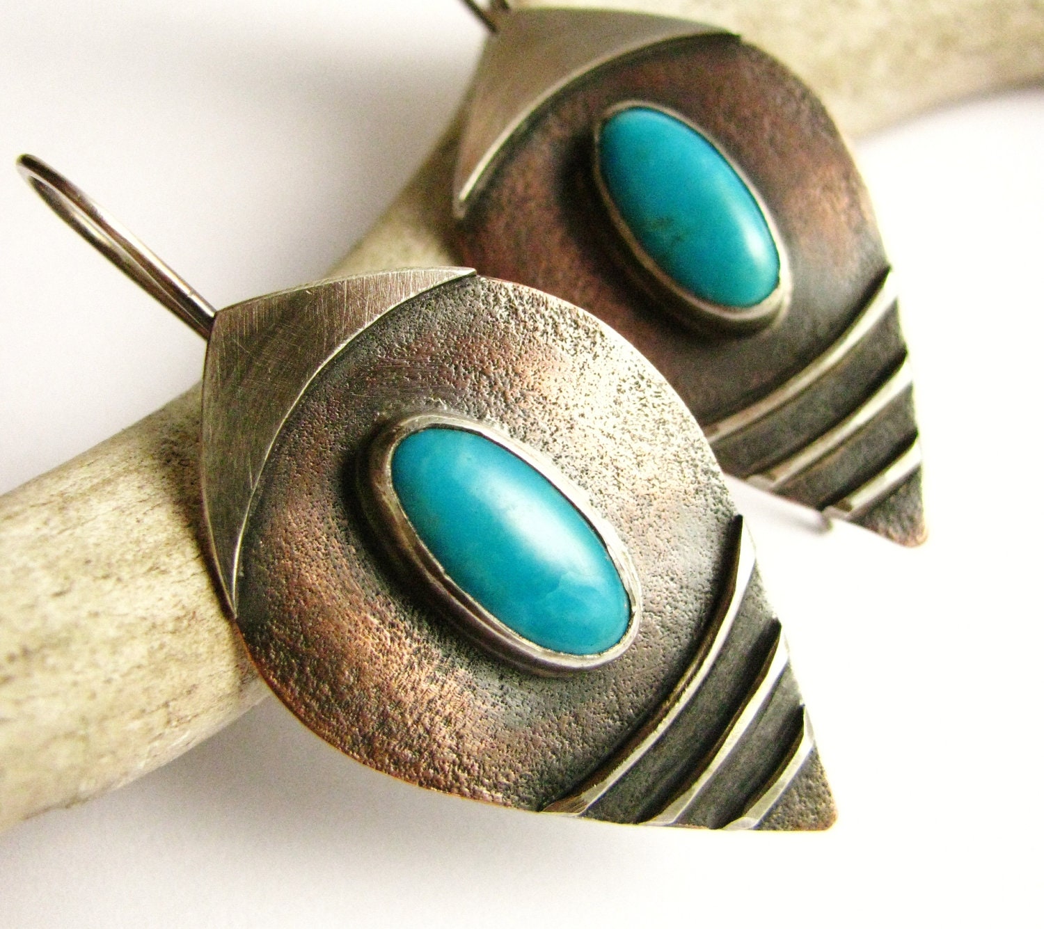 Tribal Sterling Silver, Copper, Kingman Turquoise Earrings Tribal Bohemian Artisan Jewelry Mixed Metal And Stone Shield Earrings