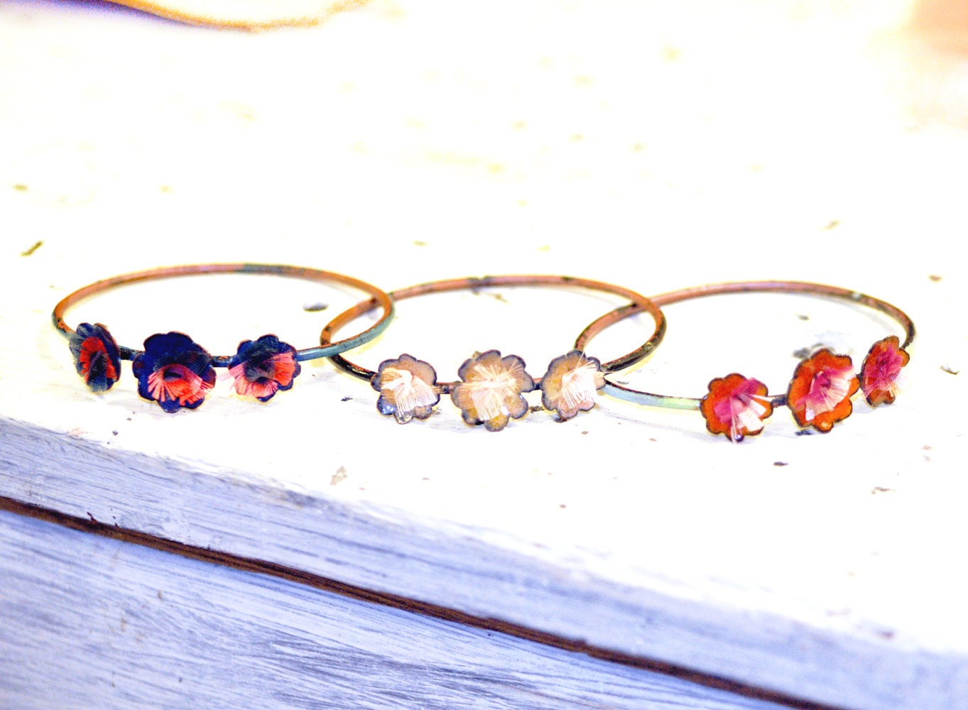 Gifts for Her - Enamel Bangle Bracelet - 3-Flower Bangle