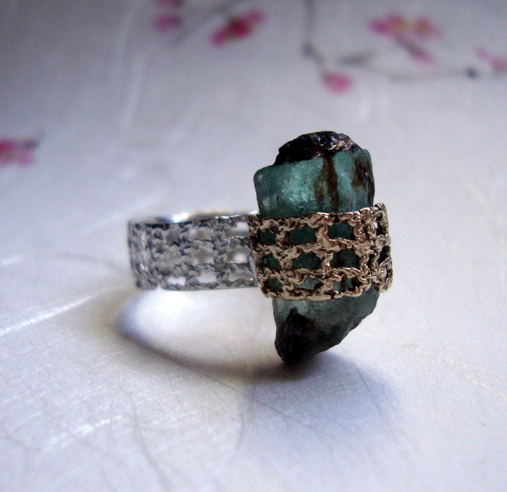 Rough Emerald ring set in 10k gold and sterling silver cast lace-Ready to ship