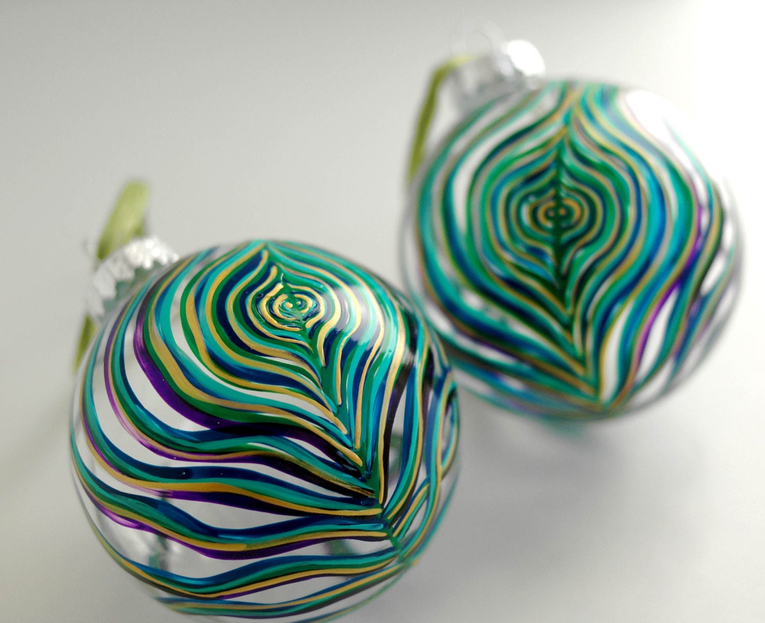2 Peacock Feather Glass Ornaments--Hand Painted in your choice of Gold or Silver Accents