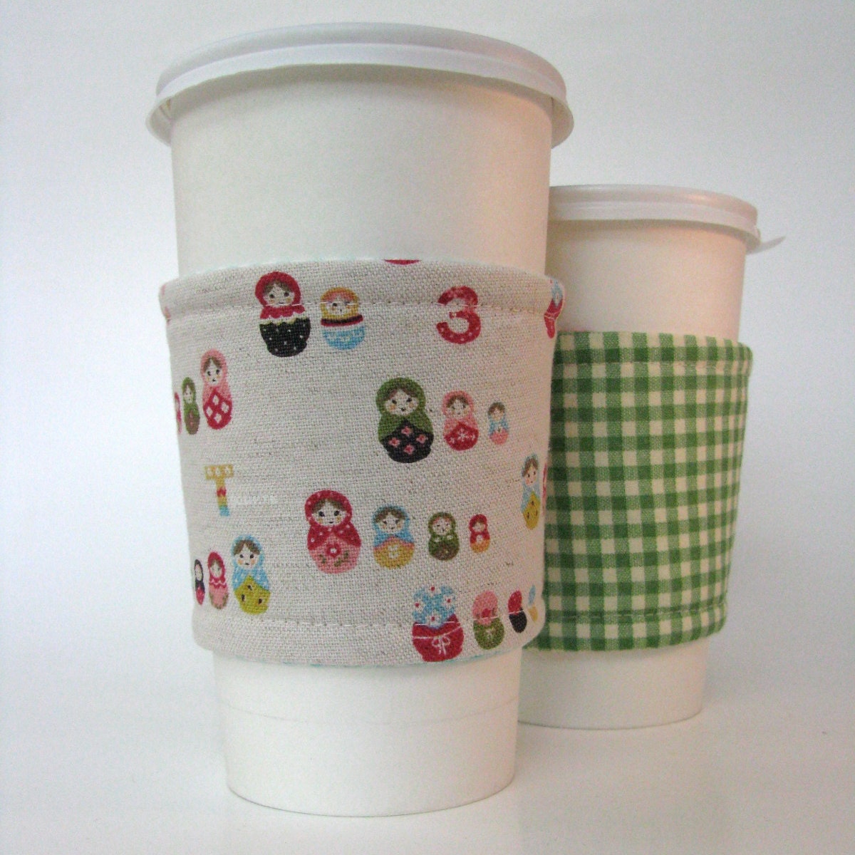Reusable Reversible Coffee Sleeve - Matryoshka Dolls on oatmeal with green gingham