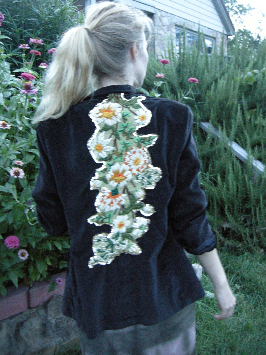 Autumn Black Velvet Blazer Jacket with Sparkling Gold Sequin Trim and Embroidered Floral Details
