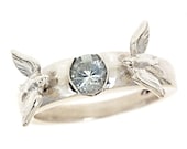 Mirrors of Our Love The Original Love Birds Solitaire Engagement Ring Aquamarine Brilliant Cut in Sterling Silver