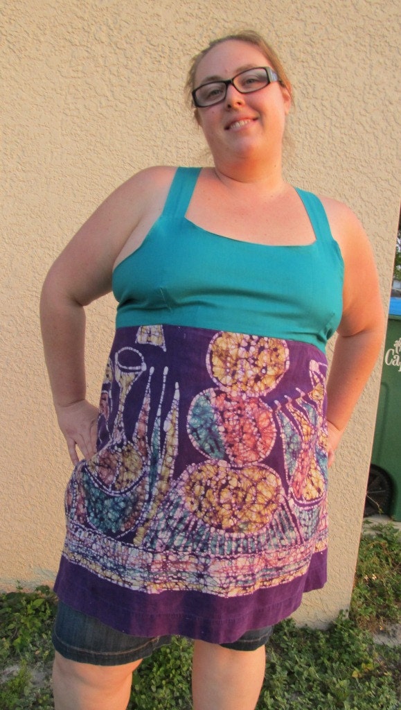 Handmade Upcycled Plus Size Apron Top - Teal Green Kona Cotton Recycled Batik Dress 1X 2X 3X