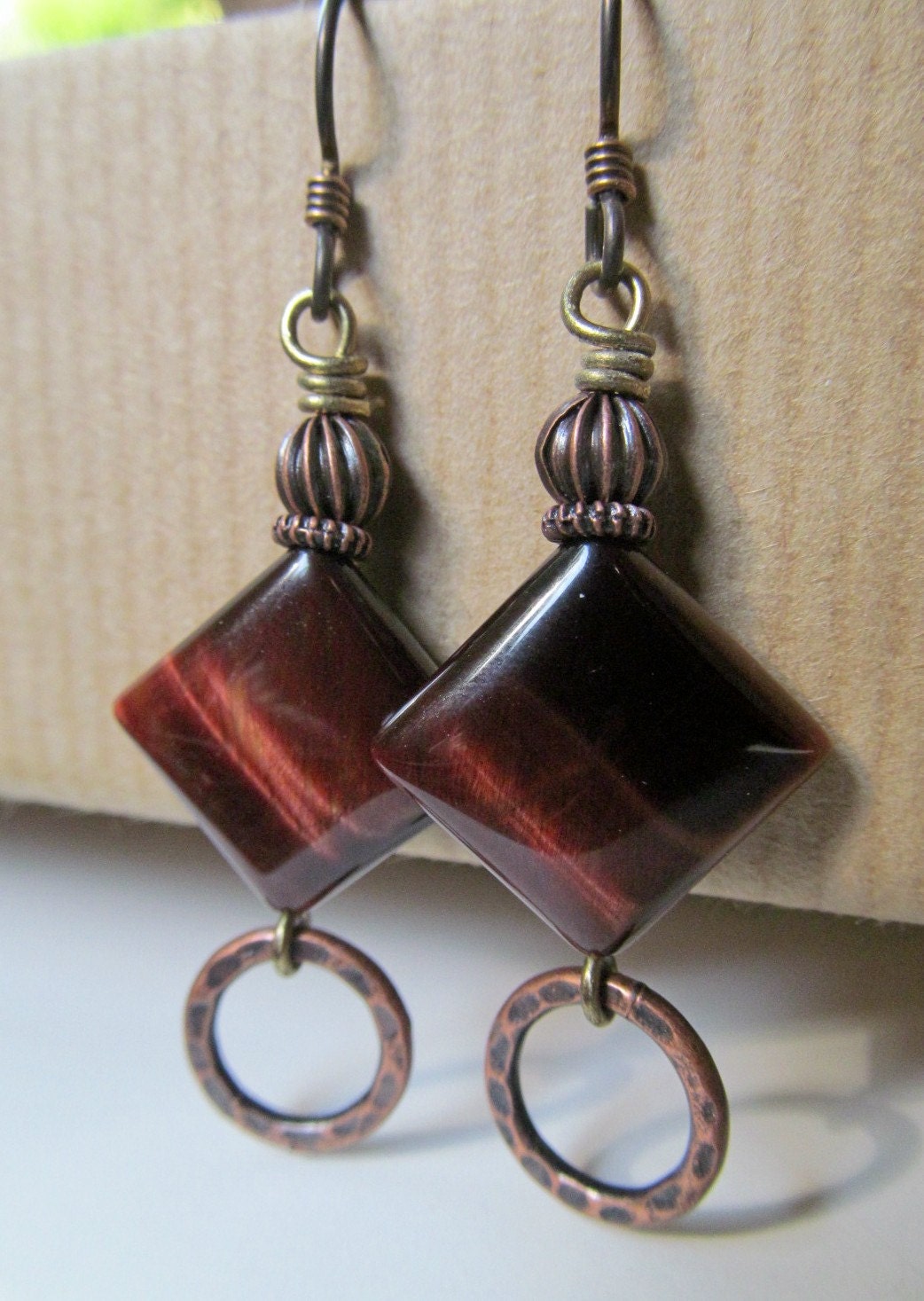 Red Tigers Eye Antiqued Brass Niobium Earrings