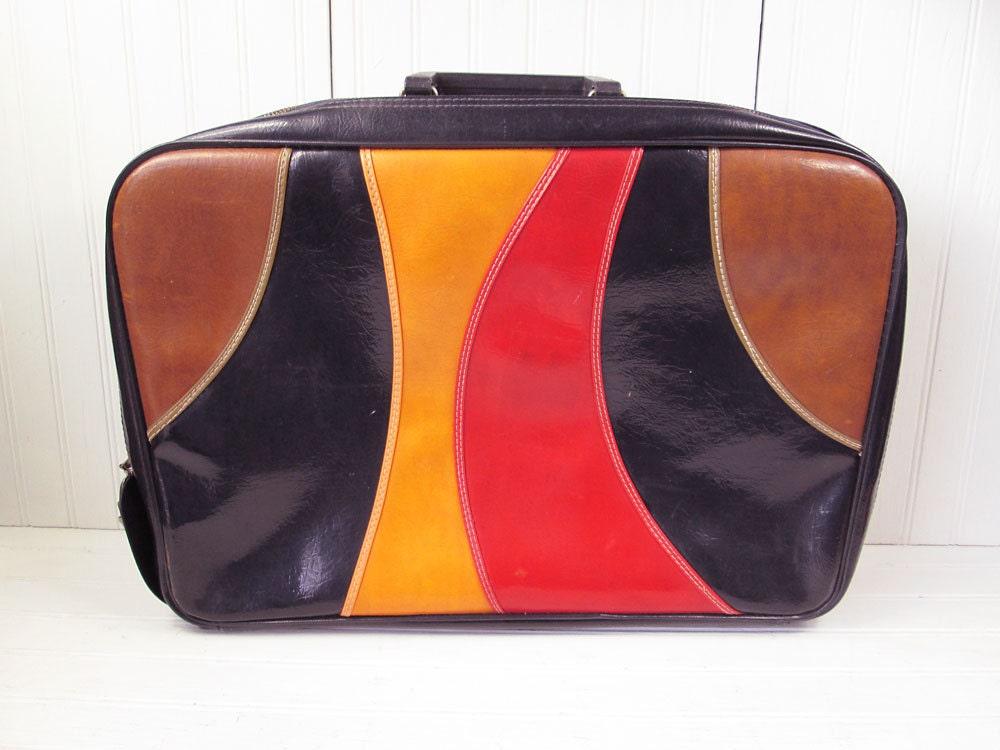 Vintage Vinyl Suitcase Luggage Navy Red Gold Striped Retro Japan