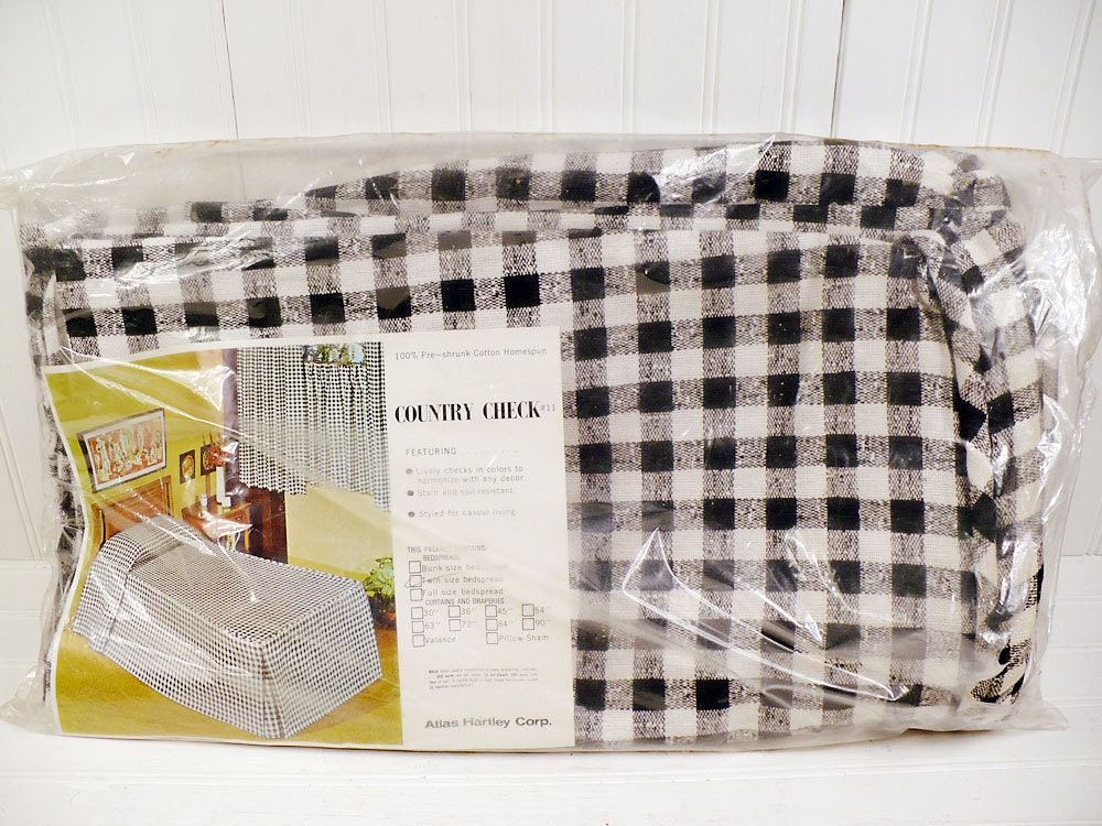 Vintage Bedspread Cotton Twin Size - Black and White Country Check - Atlas Hartley