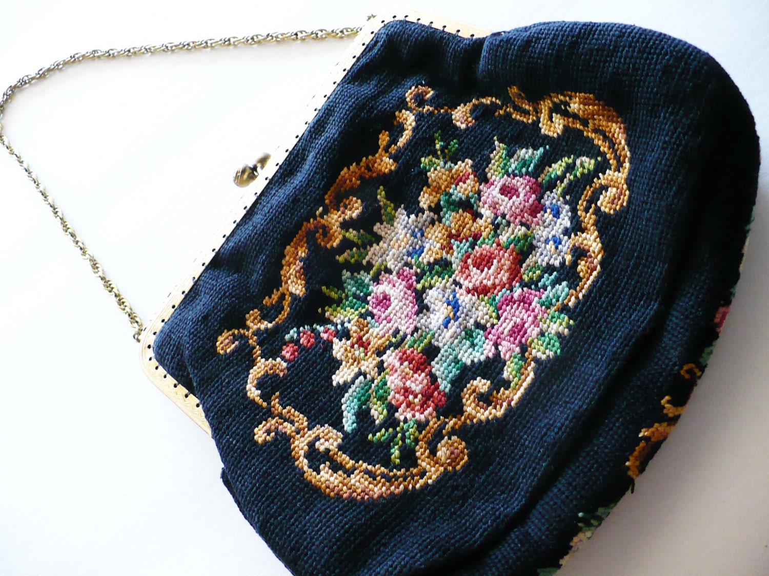 Petit Point Bag Purse -Black Red Roses Blue Gold Yellow Tapestry Needle Point Needlepoint Petite Floral Baroque Shabby Chic Metal Chain