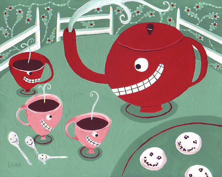 Whimsical and Funny Tea Folk Art Print - 8x10 Tea Cups in Pink, Red, Mint and Jade Green
