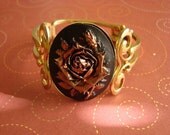 Goth Bronze Rose set In Black Cameo Scroll Gold Tone Metal Cuff Bracelet