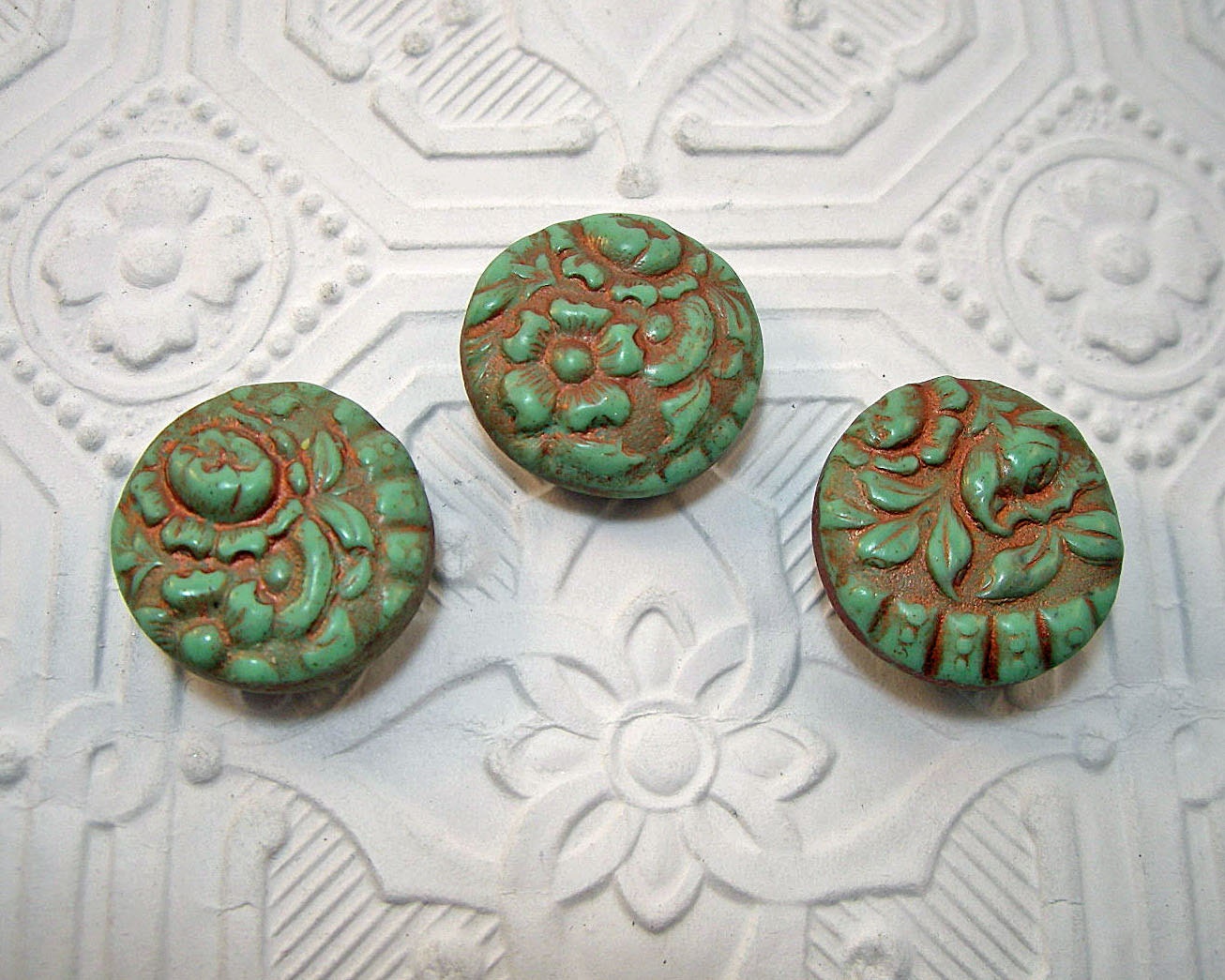 Green Floral Flower Set of Three Refrigerator Magnets