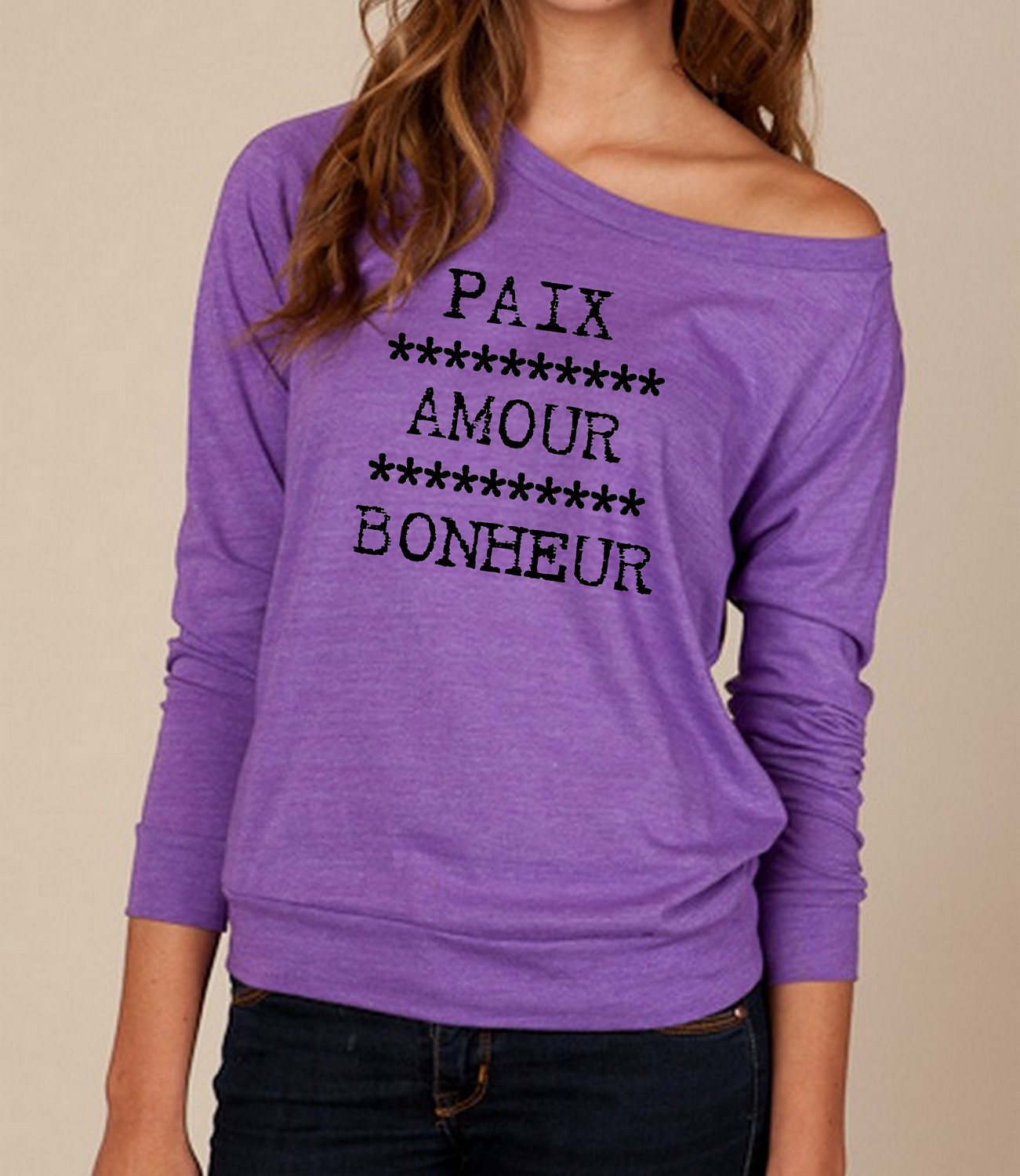 Peace Love Happiness French Heathered Slouchy Pullover long sleeve Girls Ladies shirt sweatshirt silkscreen screenprint Alternative Apparel