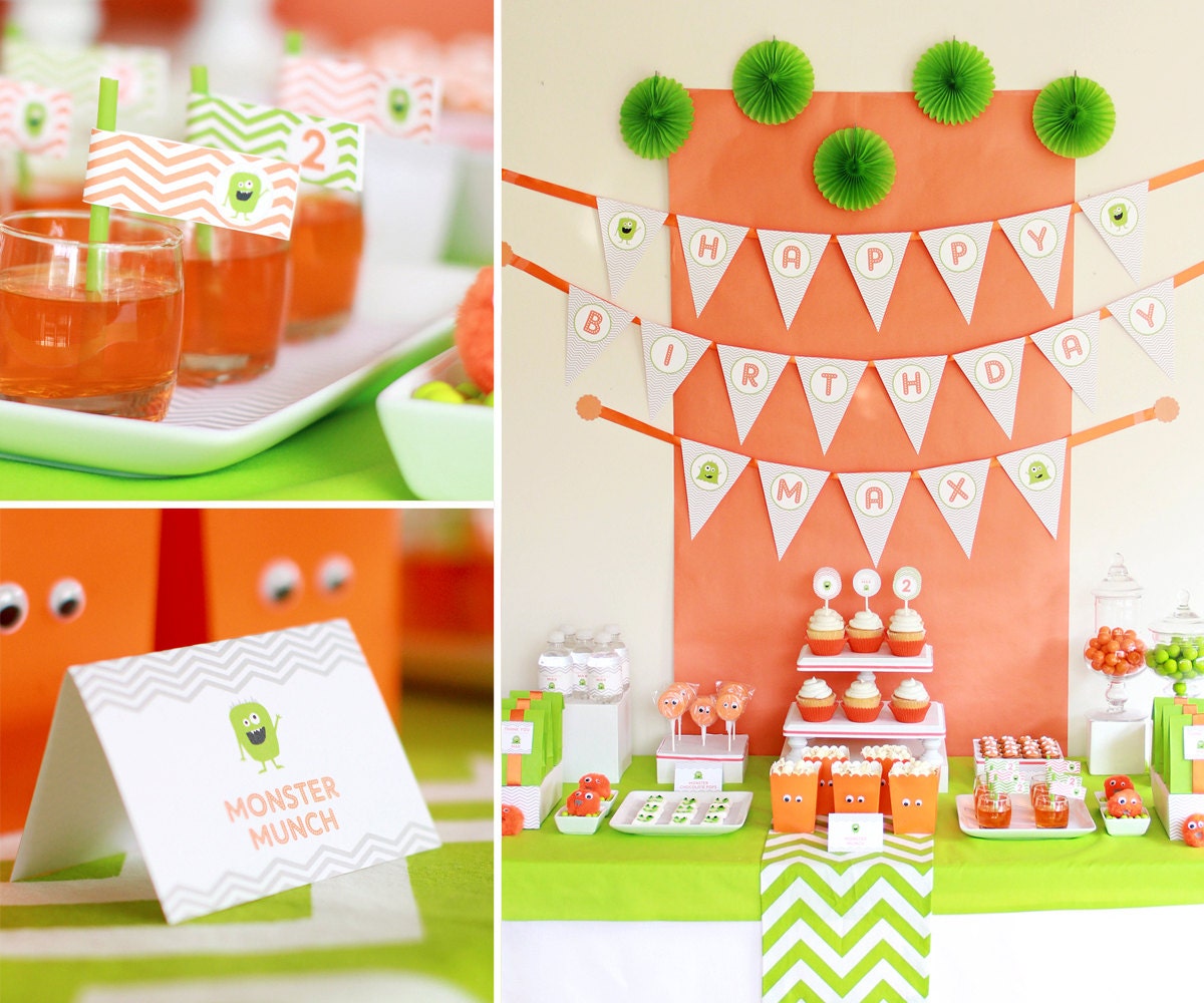 Monster Birthday Party - PRINTABLE ONLY - Banner, Toppers, Tags, Invitation and more Il_570xn