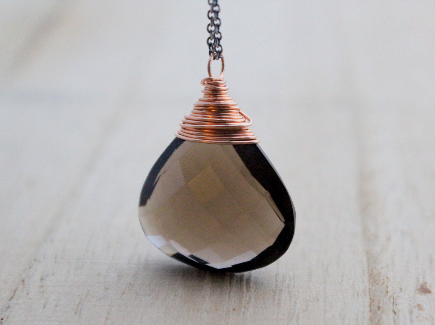 Smoky Quartz Necklace - Sterling Silver, Rose Gold, Large Gemstone Pendant Long Necklace, Mixed Metal