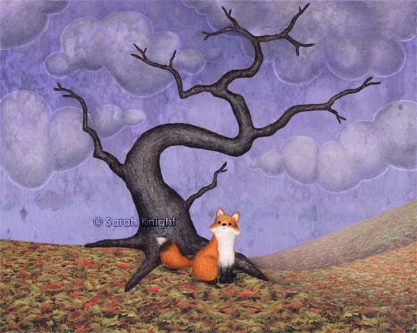 the rainy fox - signed digital illustration art print 8X10 inches, autumn tree leaves violet purple brown