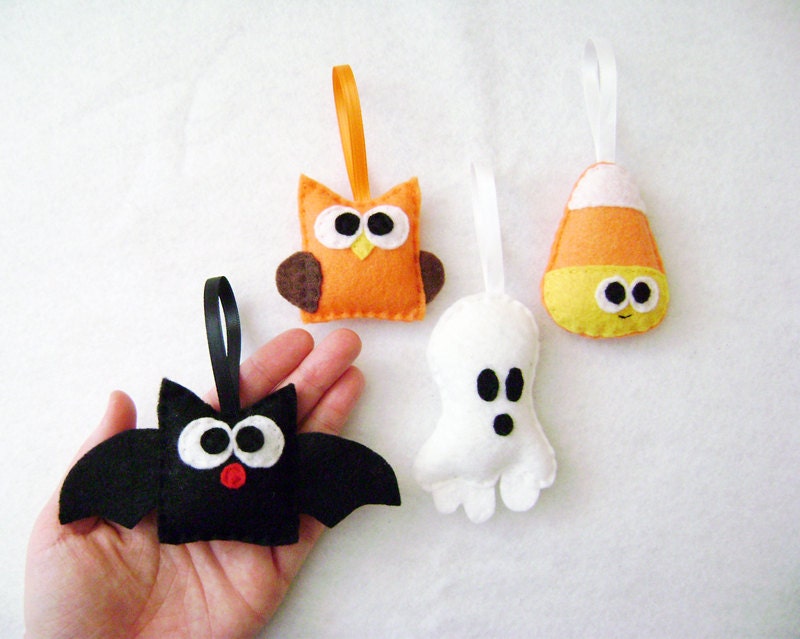 Felt Halloween Ornaments - Spooky Set - Candy Corn Bat Owl Ghost