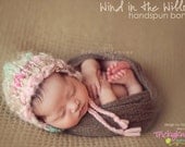 ON SALE Newborn Girl Hat Photo Prop Chunky Handspun Bonnet Beanie for Baby Girl Photo Shoot original designer TrickyKnits Tricky Knits