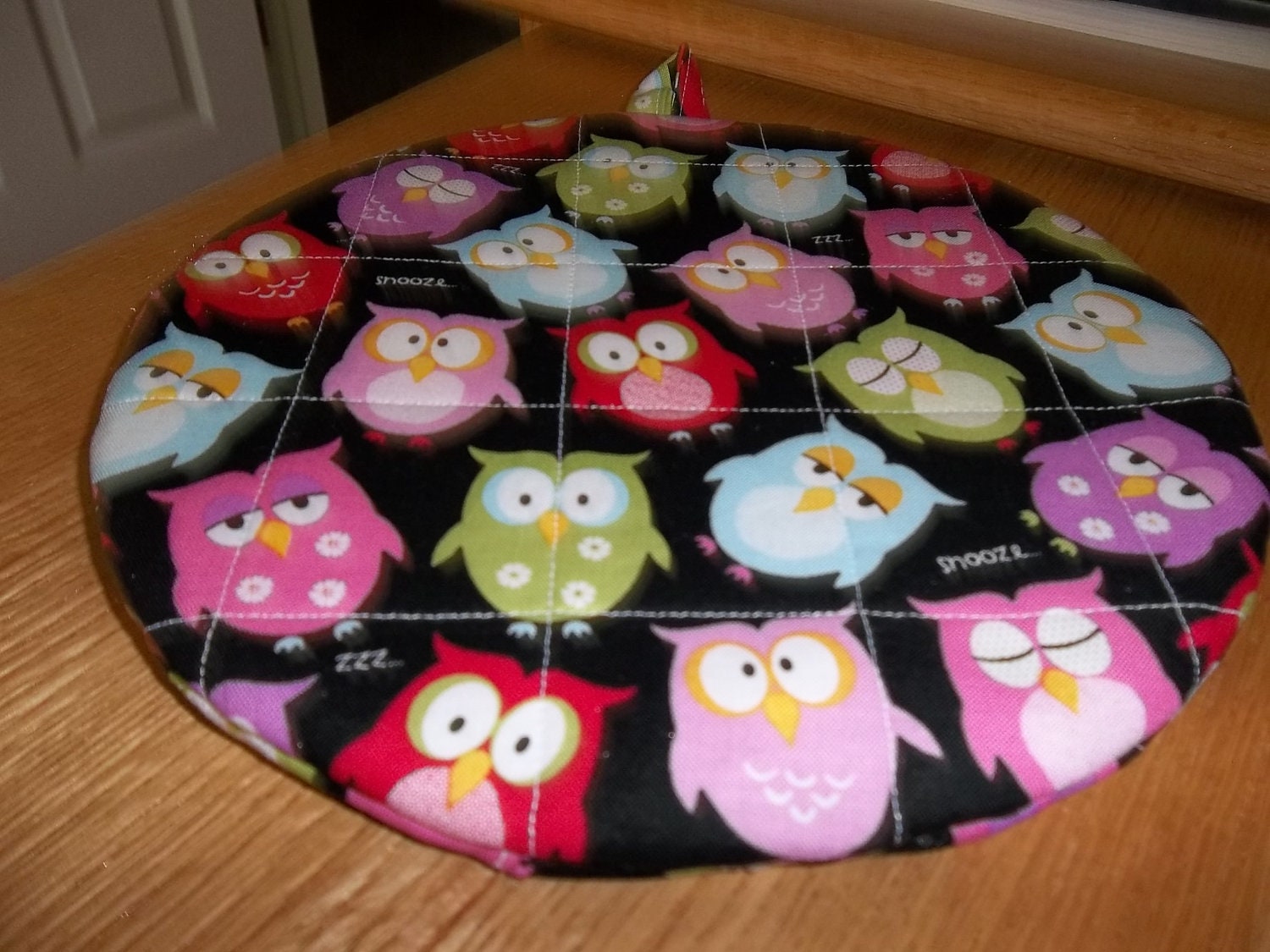 Snooze ZZZ Owls Round Hot Pad or Pot Holder Cotton Fabric 9 Inches