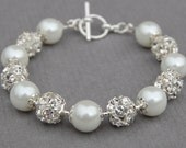Bridal Jewelry, White Pearl Wedding Jewelry, Bridal Pearl Rhinestone Bracelet, Bling Wedding
