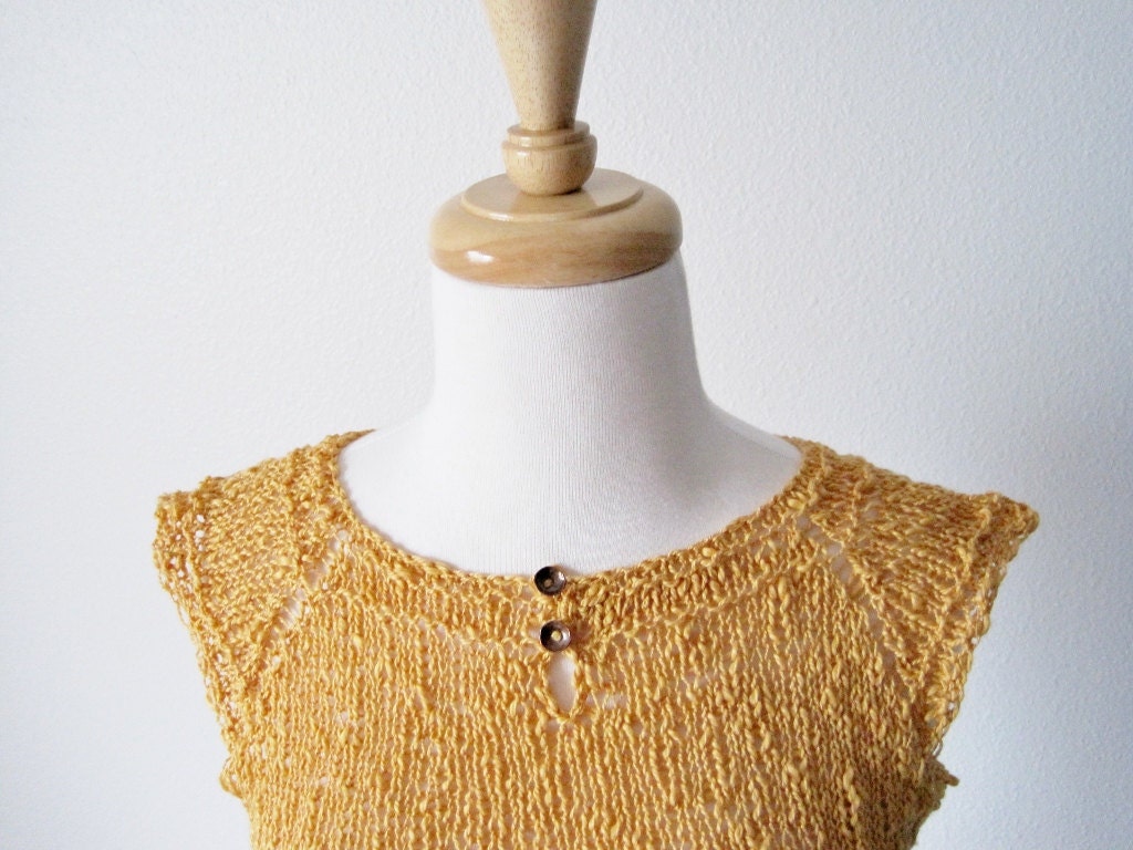 Women's Sleeveles Sweater in Gold with Copper Buttons - The Stanley Sweater Hand Knit in Textured Cotton - Women's Fashion