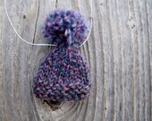 Cyber Monday Etsy Knit Christmas Ornament - Moody Midnight Hand Knit Tiny Tree-Trimming Pompom Cap - Navy Blue, Pink, Pompom'd