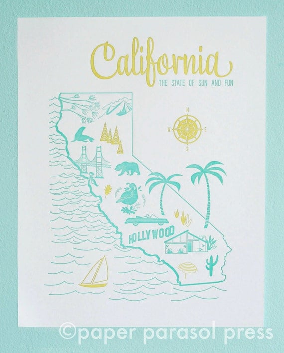 11x14 Letterpress Print California Vintage Travel Inspired
