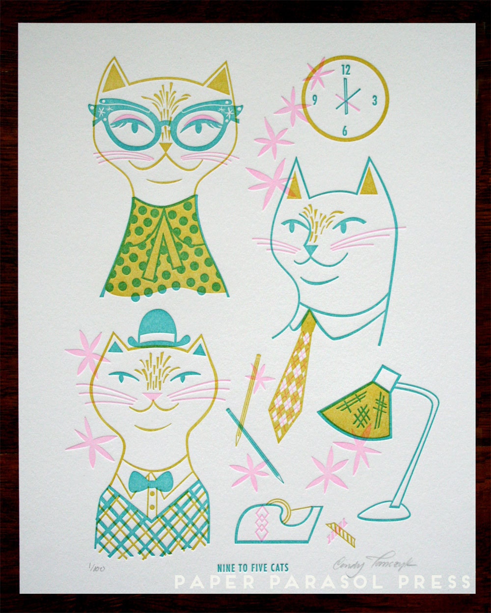 Nine to Five Cats Limited Edition Letterpress Print