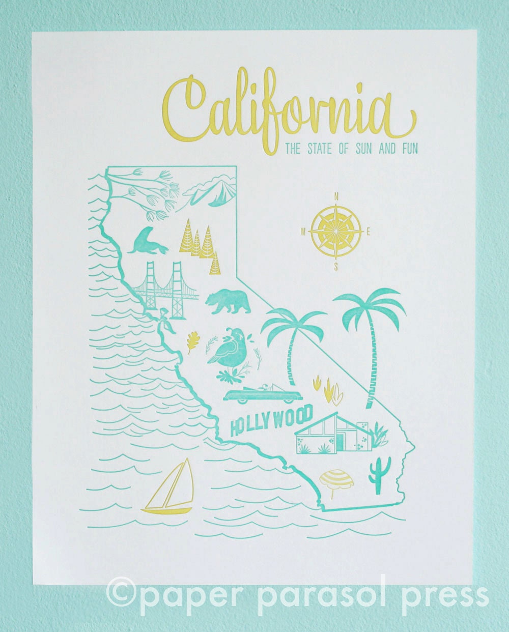 11x14 Letterpress Print California Vintage Travel Inspired